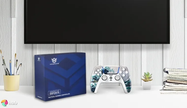 HEXGAMING Rival Controller PS5 Controller on a white office desk styled neatly for a review