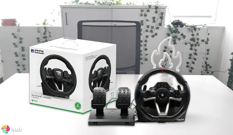 HORI Overdrive Sim Racing Wheel on a white office desk with soft lighting for a review