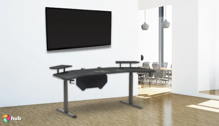 JWX Dual Motor 72” Wing Shaped Standing Desk in the office with soft lighting for a review