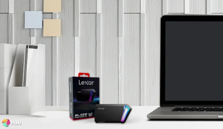 Lexar SL660 BLAZE External SSD on a white office desk styled neatly for a review
