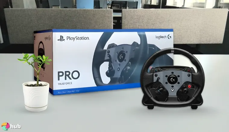 Logitech G PRO Xbox Racing Wheel on a white office desk with minimal decor for a review