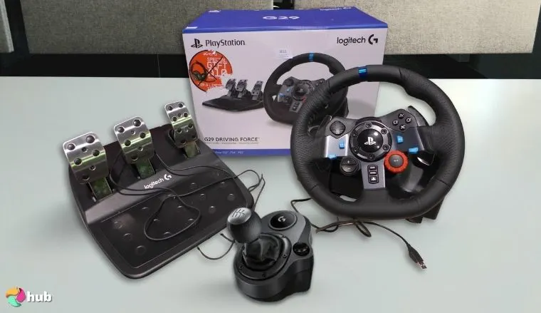 Logitech G29 Sim Racing Wheel on a white office desk positioned for photography