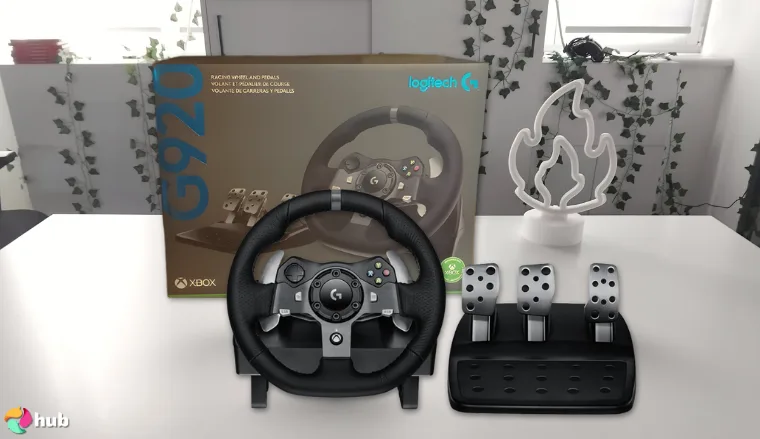Logitech G920 Sim Racing Wheel on a white office desk in close-up for a review