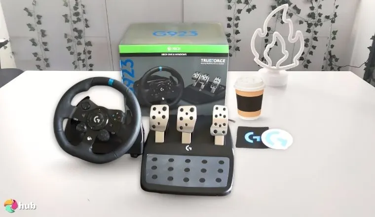 Logitech G923 Xbox Racing Wheel on a white office desk with neat arrangement for a review