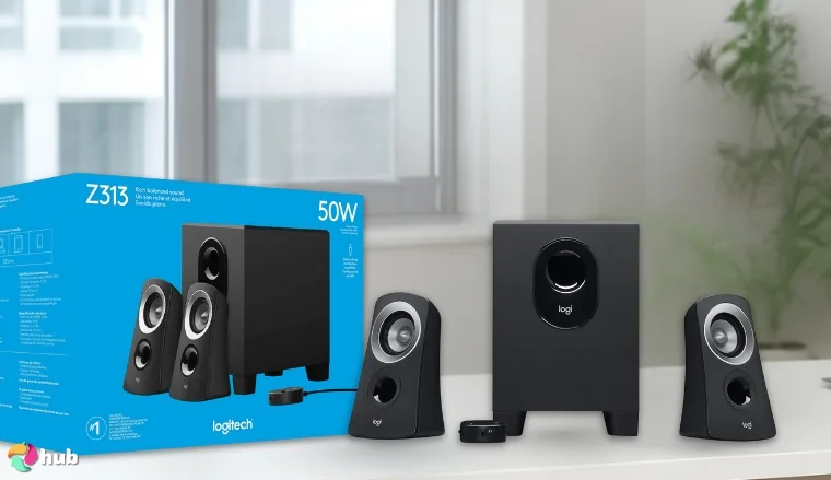 Logitech Z313 2.1 Computer Speakers on a white office desk styled neatly for a review