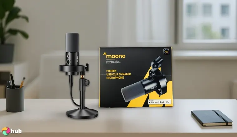 MAONO PD300X Microphone on a white office desk with an editorial style for a review
