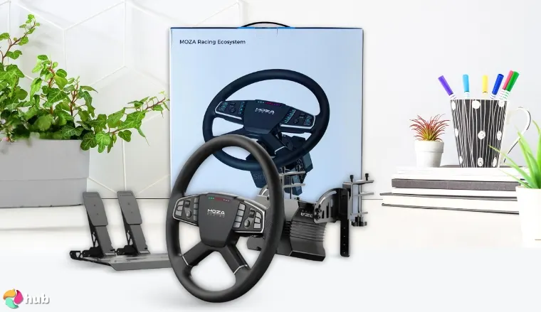 MOZA Trucking Bundle Sim Racing Wheel on a white office desk positioned for photography