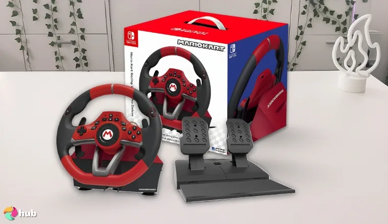 Mario Kart Racing Wheel Pro Deluxe on a white office desk arranged for a review