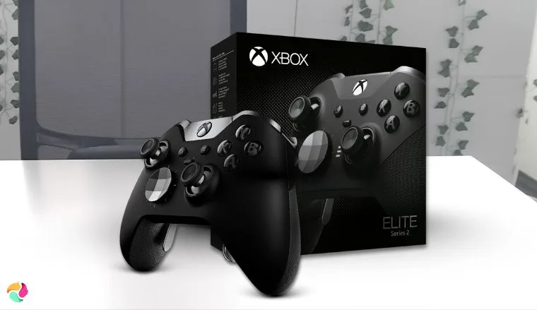 Microsoft Bluetooth Elite Series 2 Xbox Controller on a white office desk with soft lighting for a review