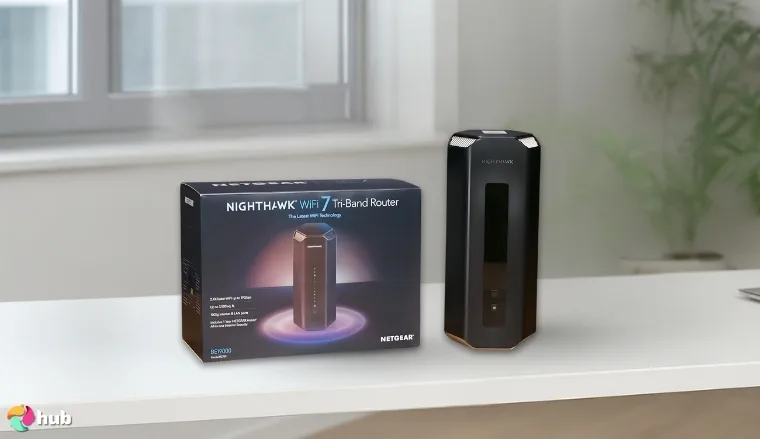 NETGEAR Nighthawk (RS200) Streaming Router on a white office desk with natural shadows for a review