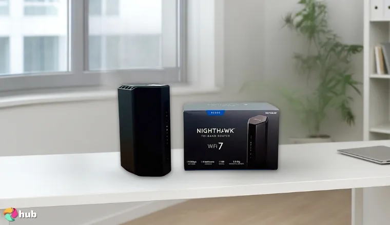 NETGEAR Nighthawk Tri‑Band RS300 Gaming Router on a white office desk in a well-lit setting for a review