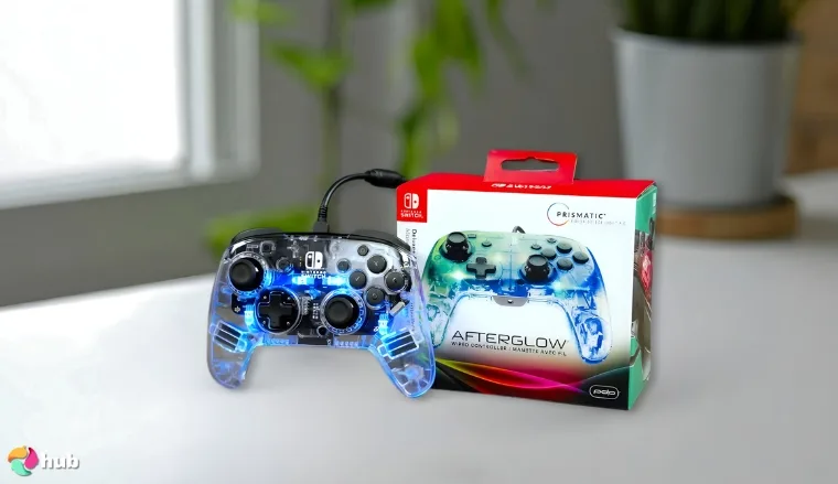 PDP Gaming Afterglow Switch Pro Controller on a white office desk prepared for testing shots