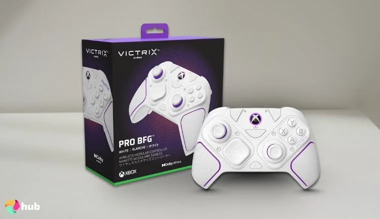 PDP Victrix Pro BFG Xbox Controller on a white office desk in a bright workspace for a review