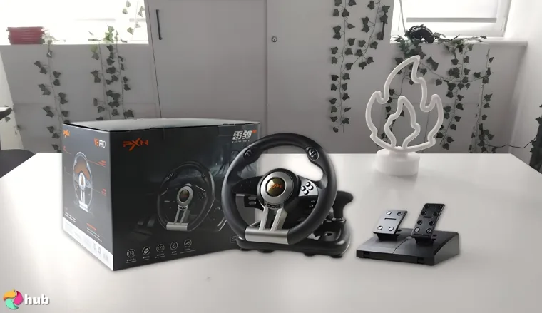 PXN V3II 180° Xbox Racing Wheel on a white office desk styled neatly for a review