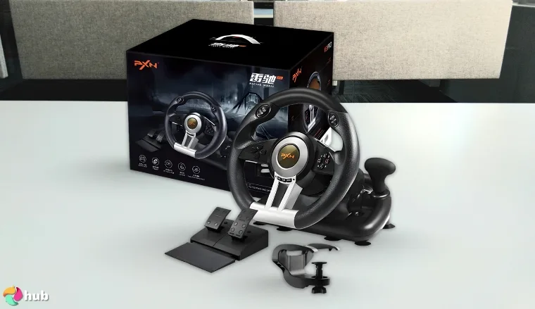 PXN-V3II Sim Racing Wheel on a white office desk photographed for a review