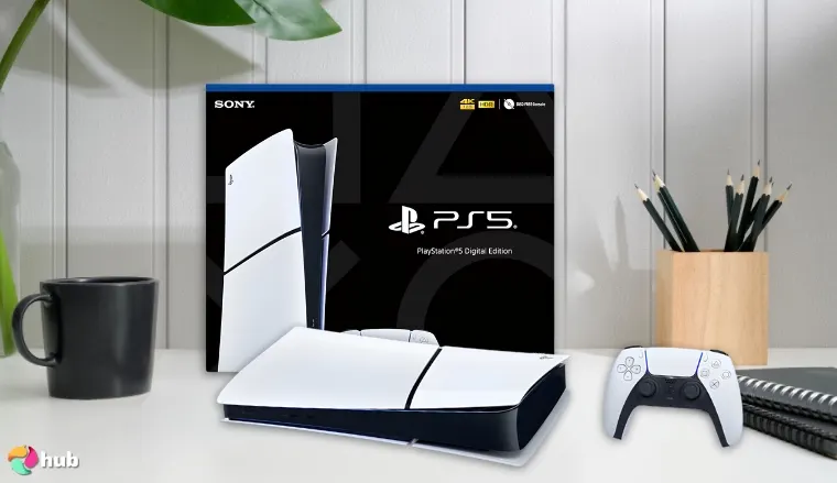 PlayStation 5 Digital Edition (slim) Console on a white office desk with creative arrangement for a review