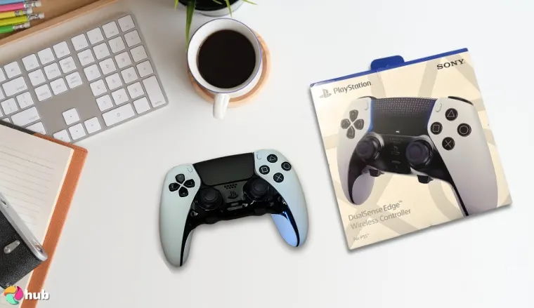 PlayStation DualSense Edge PS5 Controller on a white office desk with professional arrangement for a review