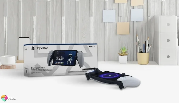 PlayStation Portal Remote Player PS5 Controller on a white office desk in a bright workspace for a review