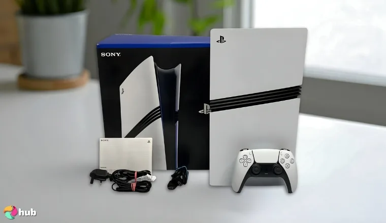Playstation 5 (PS5) Pro Console on a white office desk in close-up for a review
