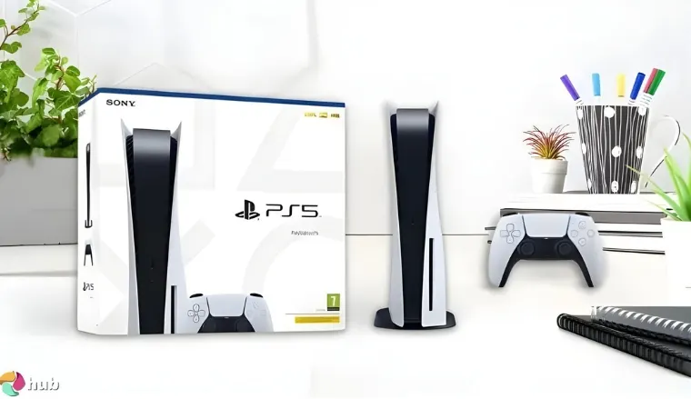 Playstation 5 Slim Console on a white office desk in a well-lit setting for a review