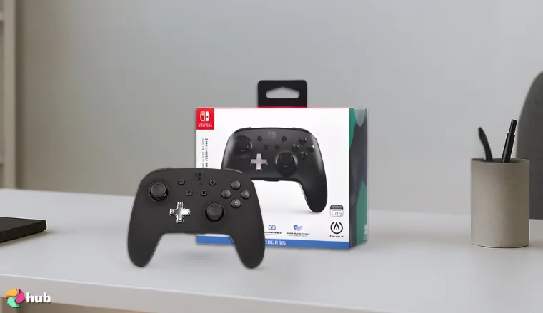 PowerA GameCube Style Wireless Controller on a white office desk in a top-down view for a review