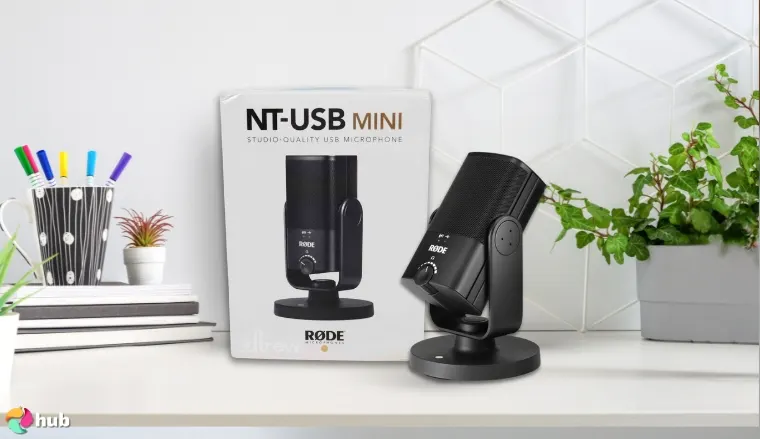 RØDE NT-USB Mini Microphone on a white office desk prepared for testing shots