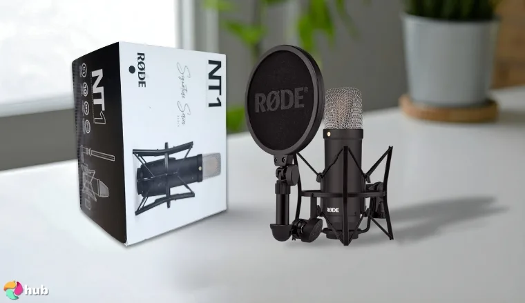 RØDE NT1 Signature Series Microphone on a white office desk with natural shadows for a review