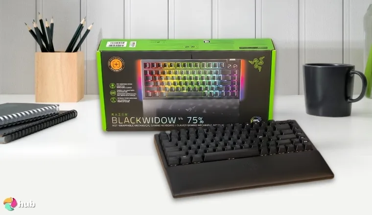 Razer BlackWidow V4 Gaming Keyboard on a white office desk in a minimalist setup for a review