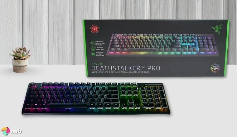 Razer DeathStalker V2 Pro Keyboard on a white office desk with simple styling for a review