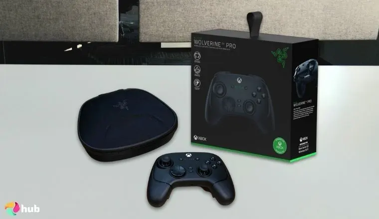Razer Wolverine V3 Pro Xbox Controller on a white office desk in a minimalist setup for a review