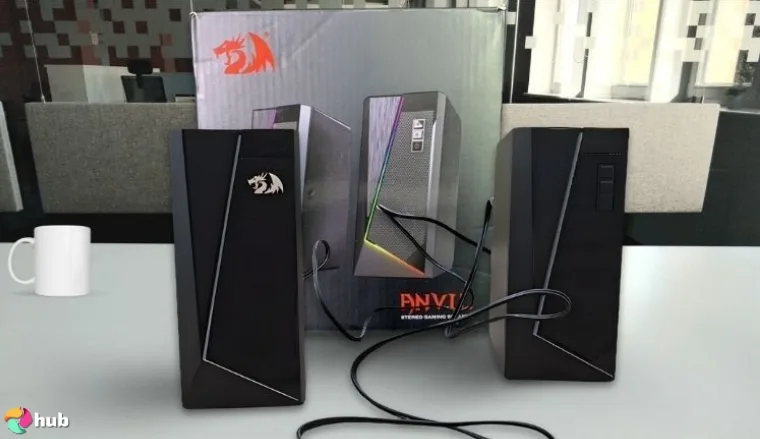 Redragon GS520 Computer Speakers on a white office desk with an editorial style for a review