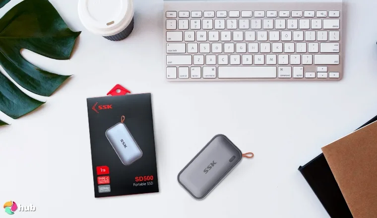SSK SD500 External SSD on a white office desk with professional arrangement for a review