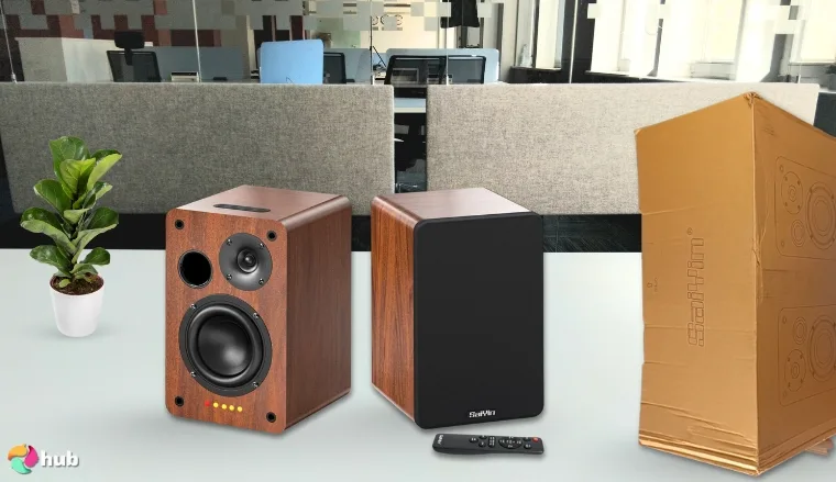 Saiyin DS6701 Computer Speakers on a white office desk in a clean setup for a review