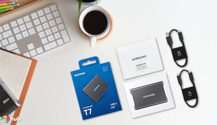 Samsung T7 External SSD on a white office desk with soft lighting for a review