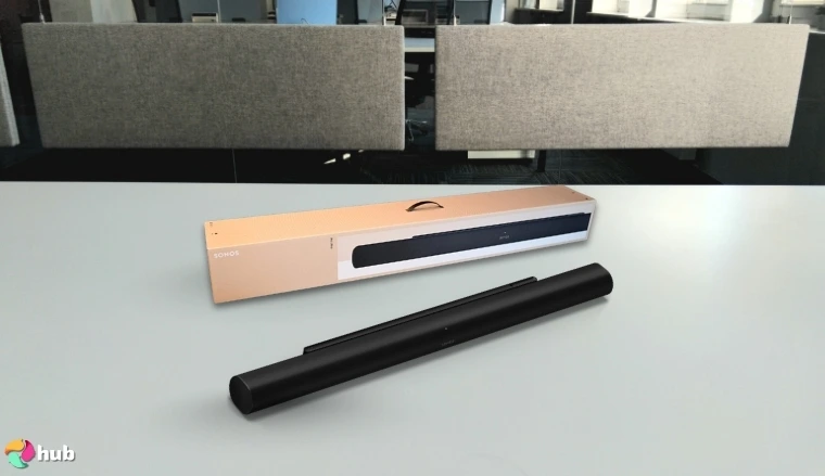 Sonos Arc Ultra Gaming Soundbar on a white office desk with simple styling for a review