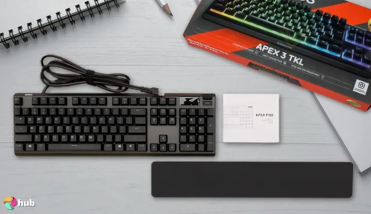 SteelSeries Apex Pro TKL HyperMagnetic Gaming Keyboard on a white office desk in a top-down view for a review