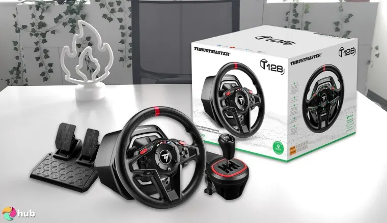 THRUSTMASTER T128X Xbox Racing Wheel on a white office desk styled for promotional review