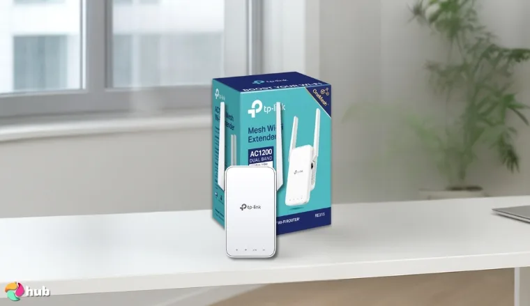 TP-Link AC1200 (RE315) Wi-Fi Extender on a white office desk with natural shadows for a review