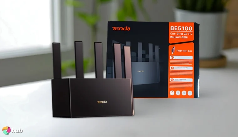 Tenda BE5100 Router on a white office desk in a minimalist setup for a review
