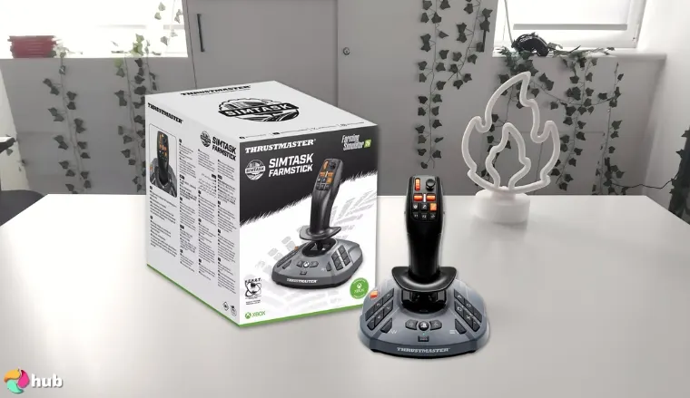 Thrustmaster SimTask Joystick on a white office desk with soft lighting for a review