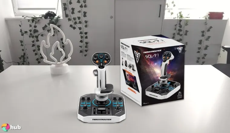 Thrustmaster Sol-R1 Joystick on a white office desk prepared for testing shots