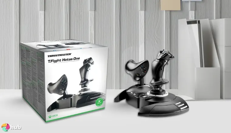 Thrustmaster T-Flight Hotas One Joystick on a white office desk in a top-down view for a review