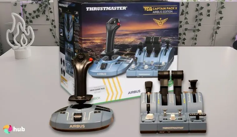 Thrustmaster TCA Captain Pack Xbox Flight simulator controllers on a white office desk styled for promotional review