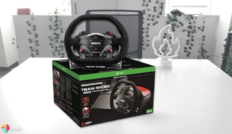 Thrustmaster TS-XW Racer Sim Racing Wheel on a white office desk with simple styling for a review