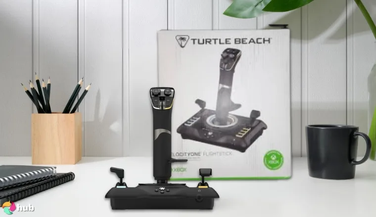 Turtle Beach VelocityOne Flightstick Joystick on a white office desk styled neatly for a review