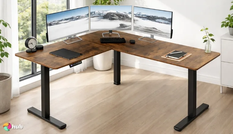 VIVO Electric Corner L-Shaped 63 x 55 inch Standing Desk in the office with balanced composition for a review