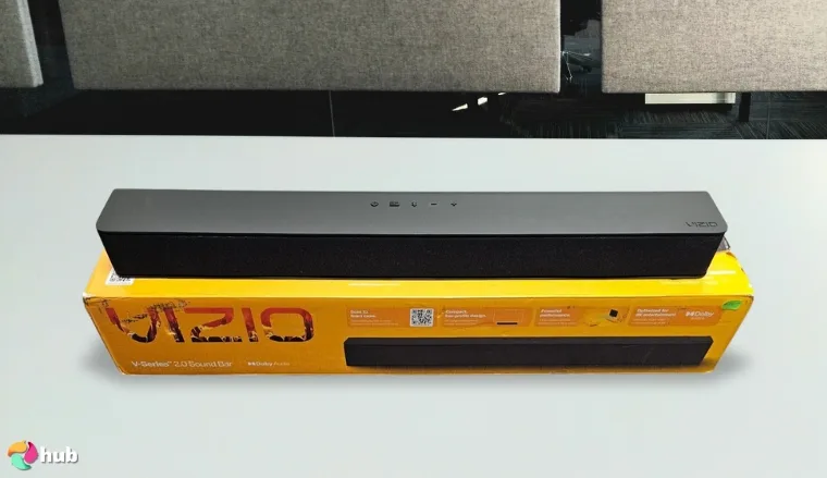 VIZIO V-Series 2.0 Computer Speakers on a white office desk with simple styling for a review