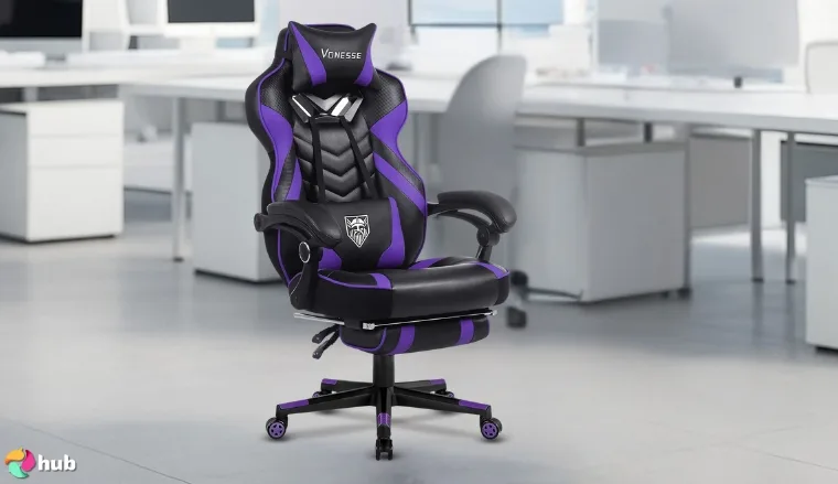 Vonesse with Footrest and Massage Gaming Chair in the office with soft lighting for a review