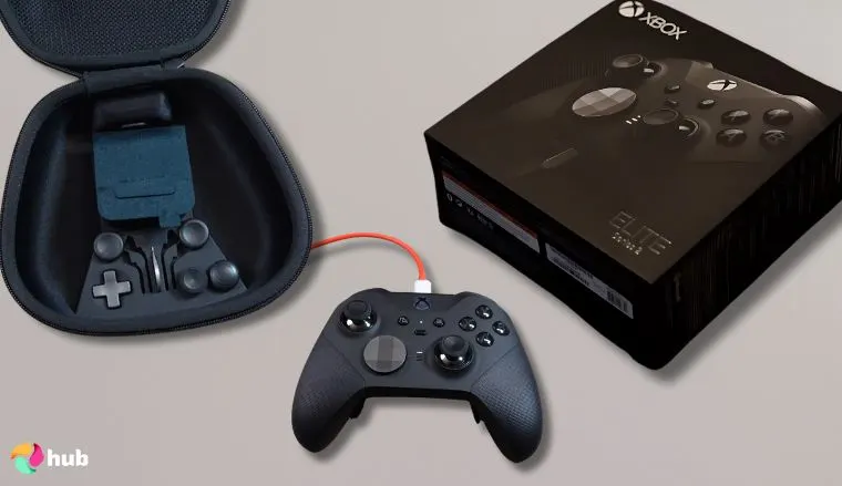 Xbox Elite Series 2 Core PC Controller on a white office desk in a clean setup for a review
