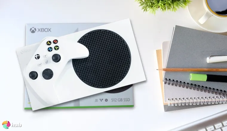 Xbox Series S Console on a white office desk with decorative items for a review